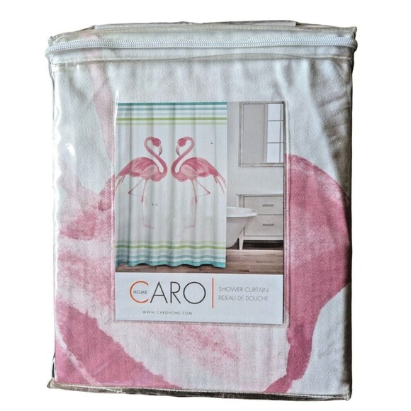 Caro Home Flamingo Shower Curtain 72 x 72-in Blue Green Stripes Cotton NIP - Picture 1 of 3
